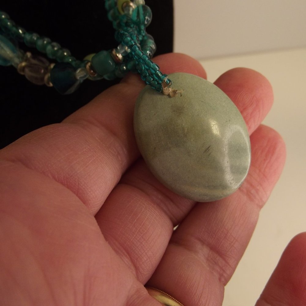 Genuine Stone Pendant Seed Bead & Glass Beaded Multi Strand Necklace